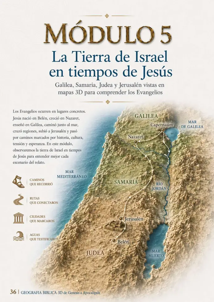 Página del atlas: la Tierra de Israel en tiempos de Jesús, con Galilea, Samaria y Judea en un mapa en relieve