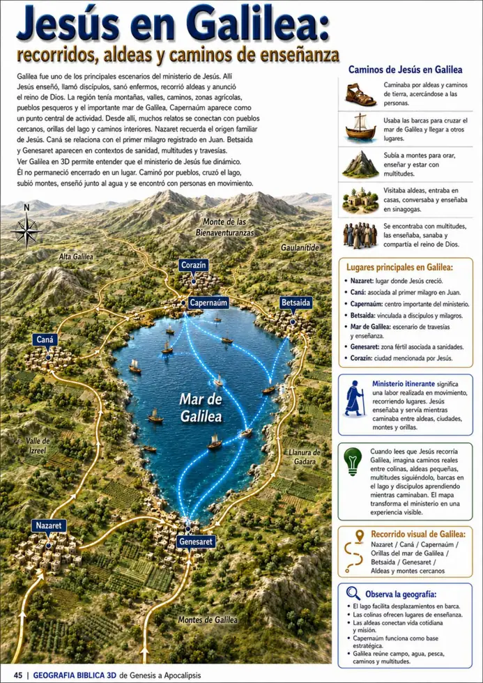 Página del atlas: Jesús en Galilea, recorridos, aldeas y caminos de enseñanza